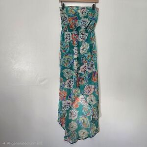 Dizzy Lizzy Teal Floral Chiffon Hi-Low Dress Size Small Lined Summer Vacation